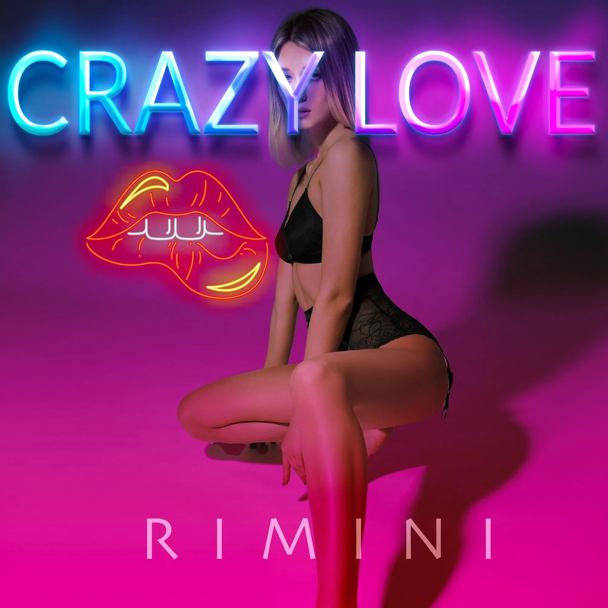Poster storico Crazy Love Rimini con insegna al neon